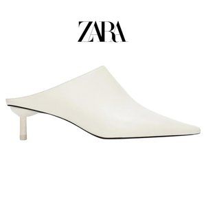 Zara Sculptural Kitten Heel Ecru (off) White Mules Slides, Size 37 EU (6.5-7 US)